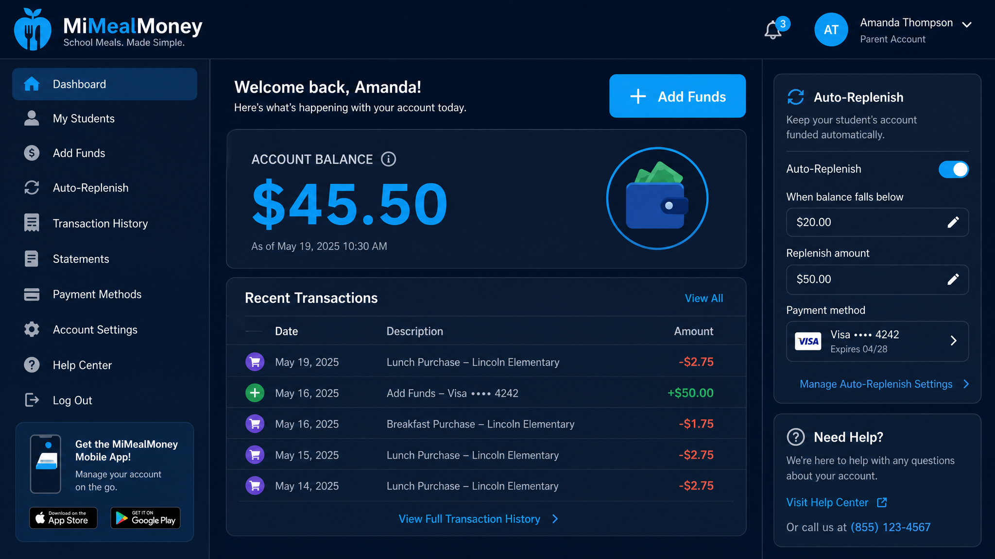 MiMealMoney payment dashboard showing account balance, transactions, and auto-replenish settings