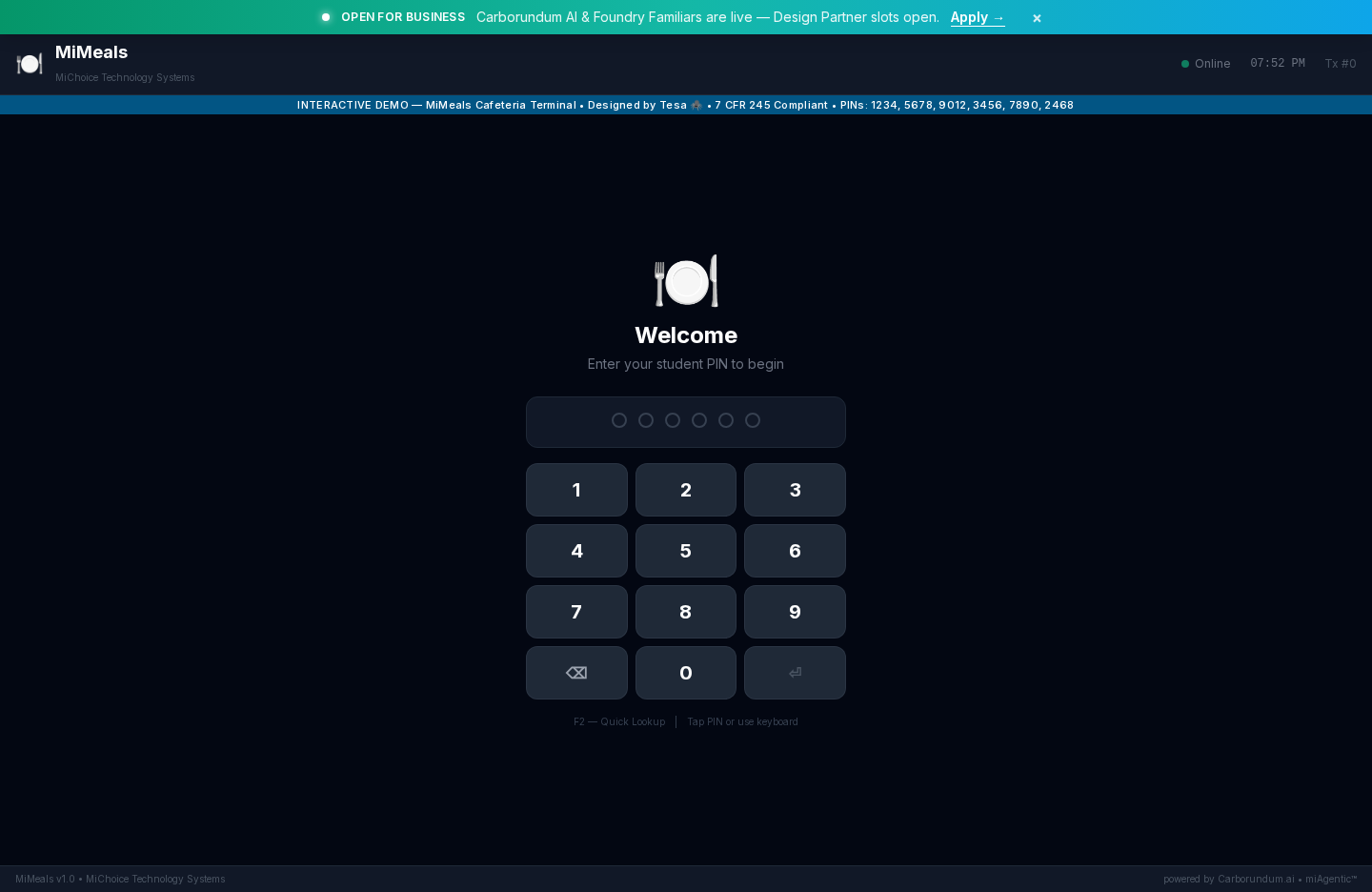 MiMeals POS terminal interface showing dark-themed cafeteria checkout with menu grid and student lookup