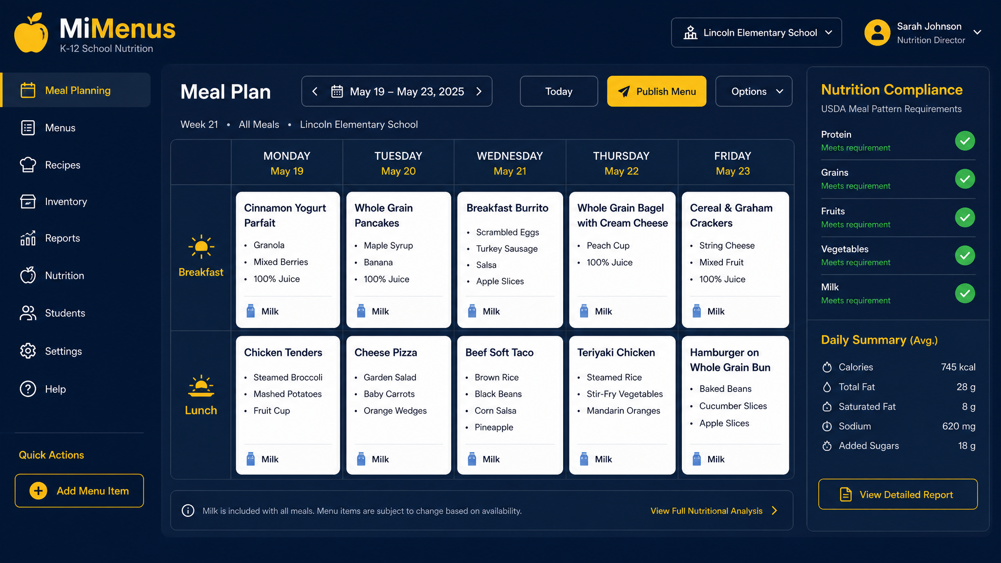 MiMenus meal planning calendar showing weekly menu grid with nutrition compliance sidebar