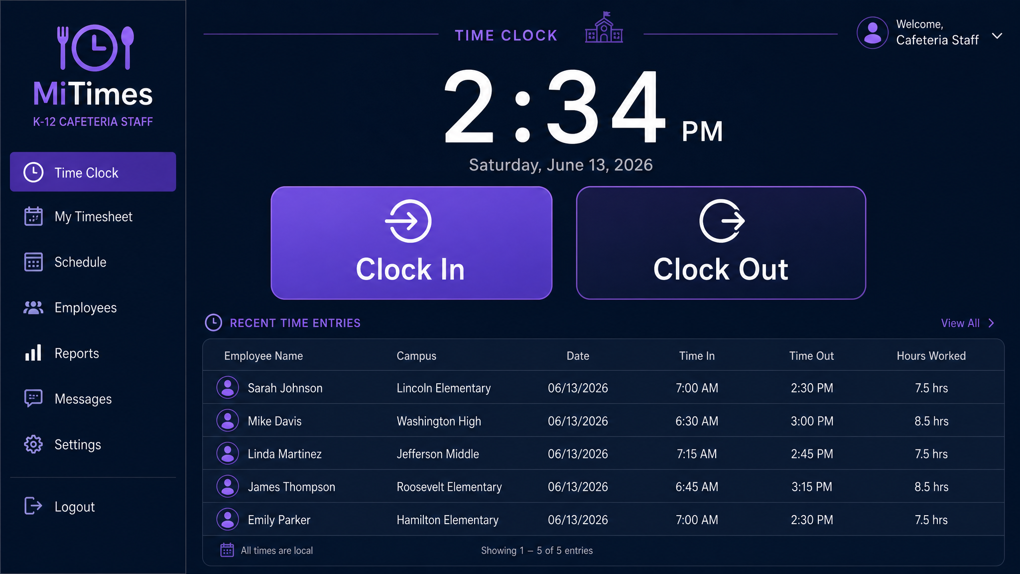MiTimes employee time clock interface showing digital clock, clock in/out buttons, and shift history